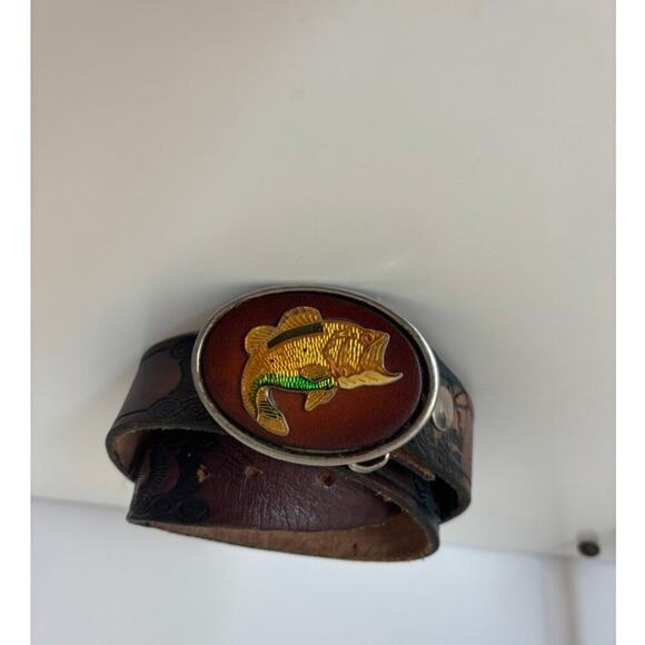 Fish Belt Buckle Tooled Leather River Detail 38" - Picture 2 of 5